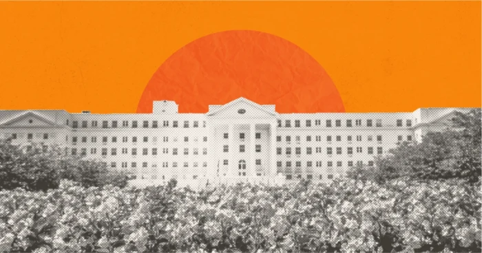 Large neoclassical white building surrounded by trees, with an orange circle (sun) against a bright orange sky background.