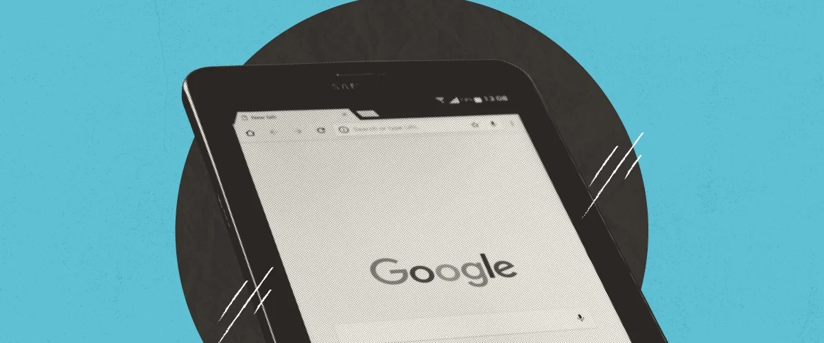 Google search visible on a mobile phone against a light blue background