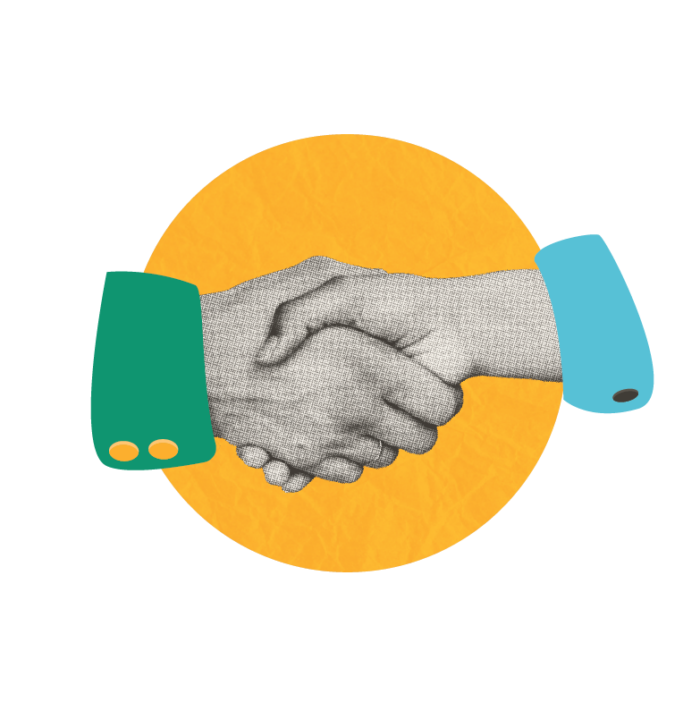 Two people shaking hands, one in a green sleeve and one in a blue sleeve, against a yellow circle