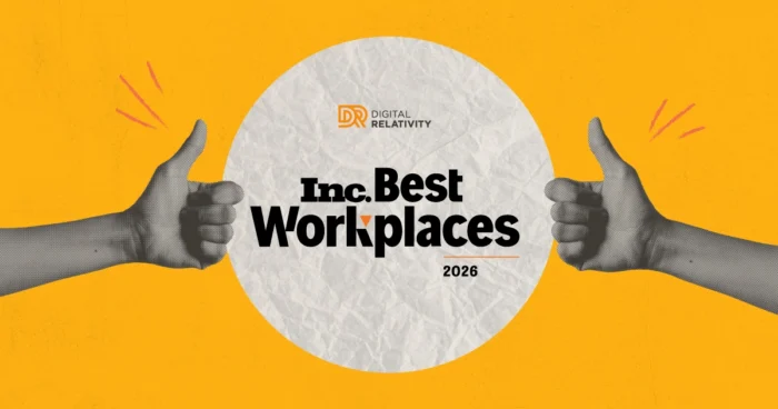 Two thumbs up framing "Inc. Best Workplaces 2026" award logo on yellow background.