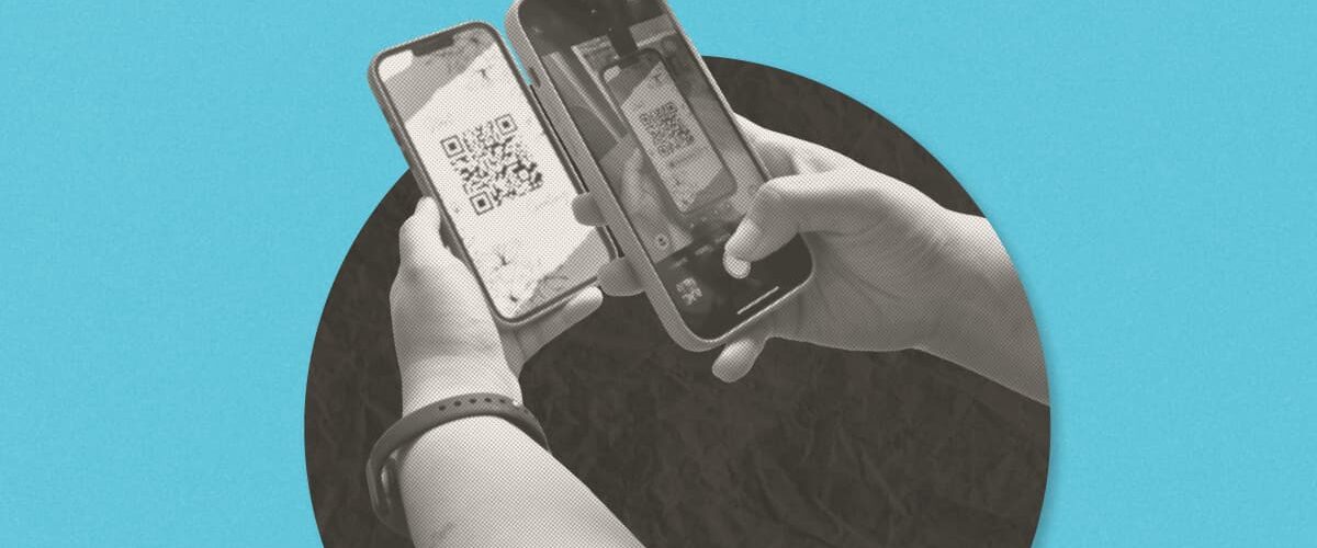 Two hands holding smartphones, one displaying a QR code, the other showing a camera scanning it. Black and white on blue background.
