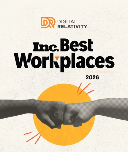 Digital Relativity is named to Inc. Best Workplaces 2026. Two hands perform a fist bump against a bright yellow circle, with orange accent marks radiating from the impact.