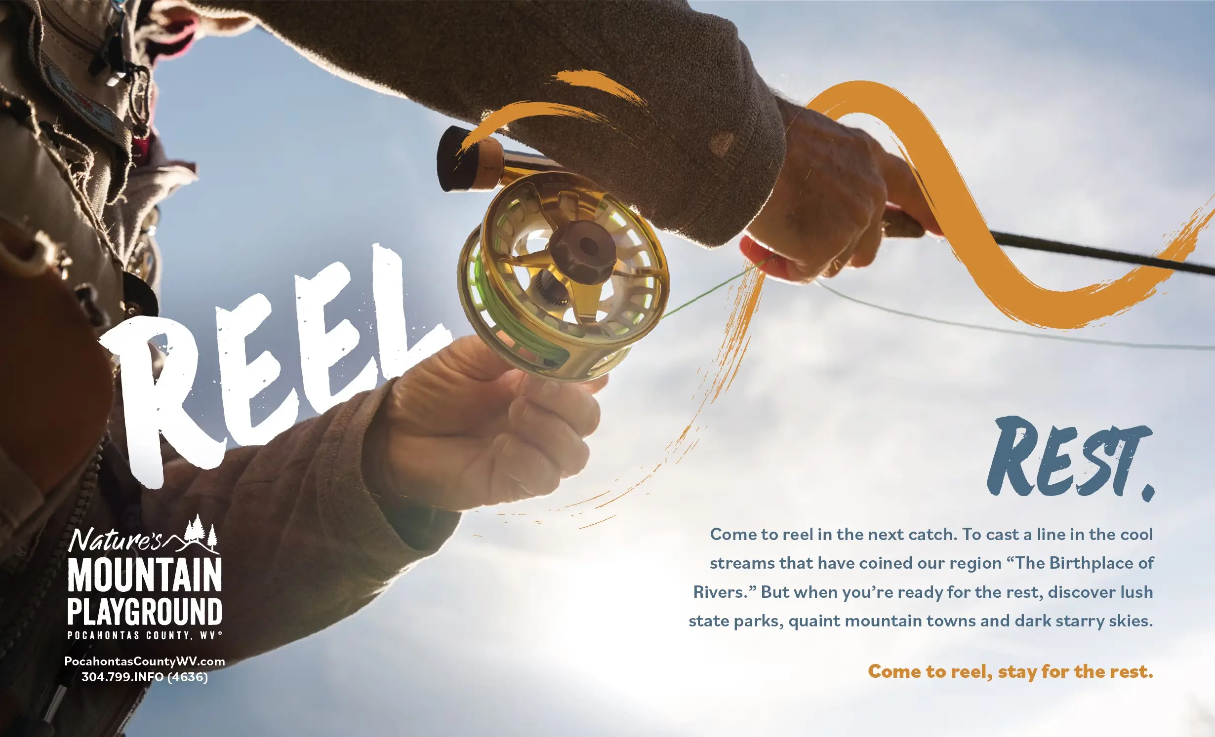 Fly fishing reel on a scenic river backdrop with 