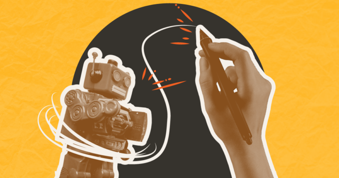 A hand writing/drawing near a silhouetted head with a camera, suggesting creativity or media concepts, on an orange background.