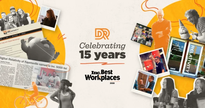Banner celebrating DR's 15th anniversary, featuring "Inc. Best Workplaces" recognition with collaged photos and orange accents.