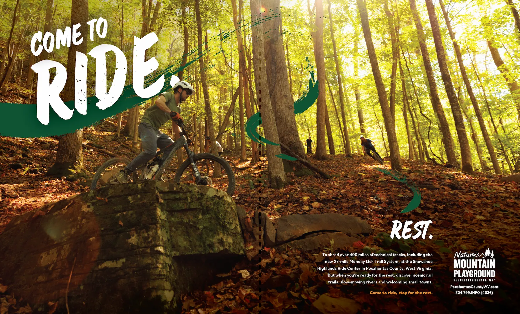 Highland Outdoors 2 page spread - Mountain biker riding through a lush green forest trail with 