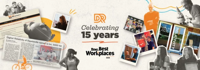 Employee and project photos from the last 15 years, celebrating 15 years of Digital Relativity and the Inc. Best Workplaces 2026 designation.