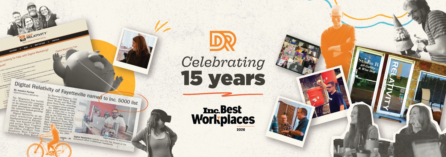 Employee and project photos from the last 15 years, celebrating 15 years of Digital Relativity and the Inc. Best Workplaces 2026 designation.