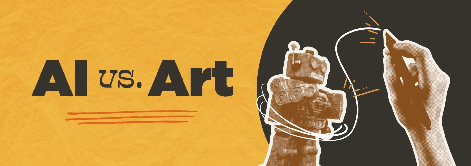 "AI vs. Art" title on a yellow background with a retro toy robot drawing a swirling line on a black circle backdrop.