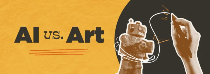 "AI vs. Art" title on a yellow background with a retro toy robot drawing a swirling line on a black circle backdrop.
