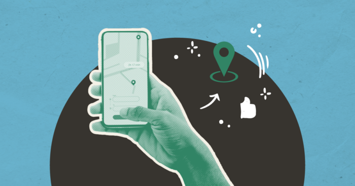 Hand holding smartphone displaying a map with a location pin icon, surrounded by social media icons on blue background.