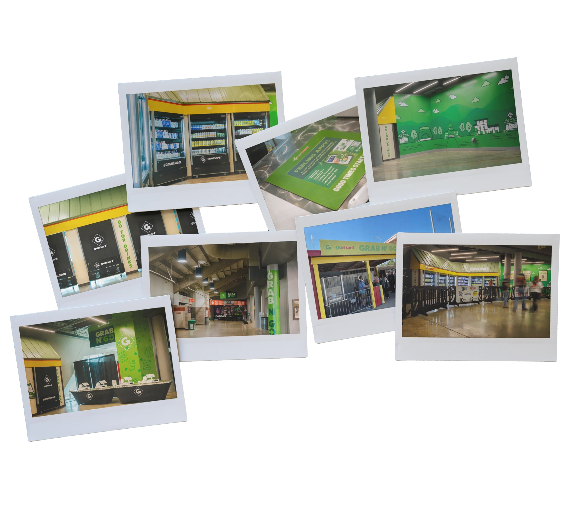 Collection of 7 polaroid-style photos showing GoMart branded spaces