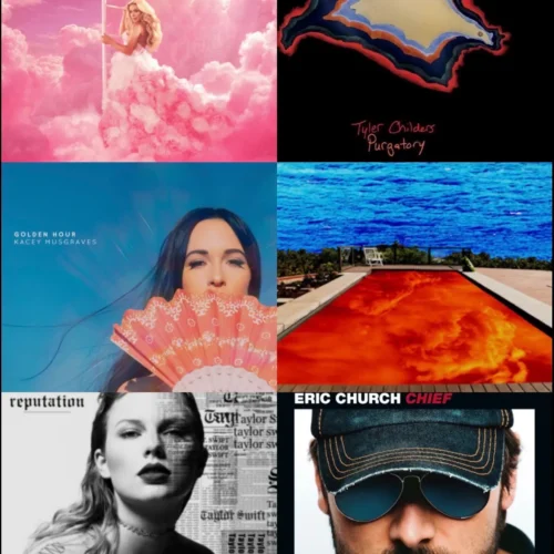 A collage of various albums and artistss featured on Hannah's work playlist