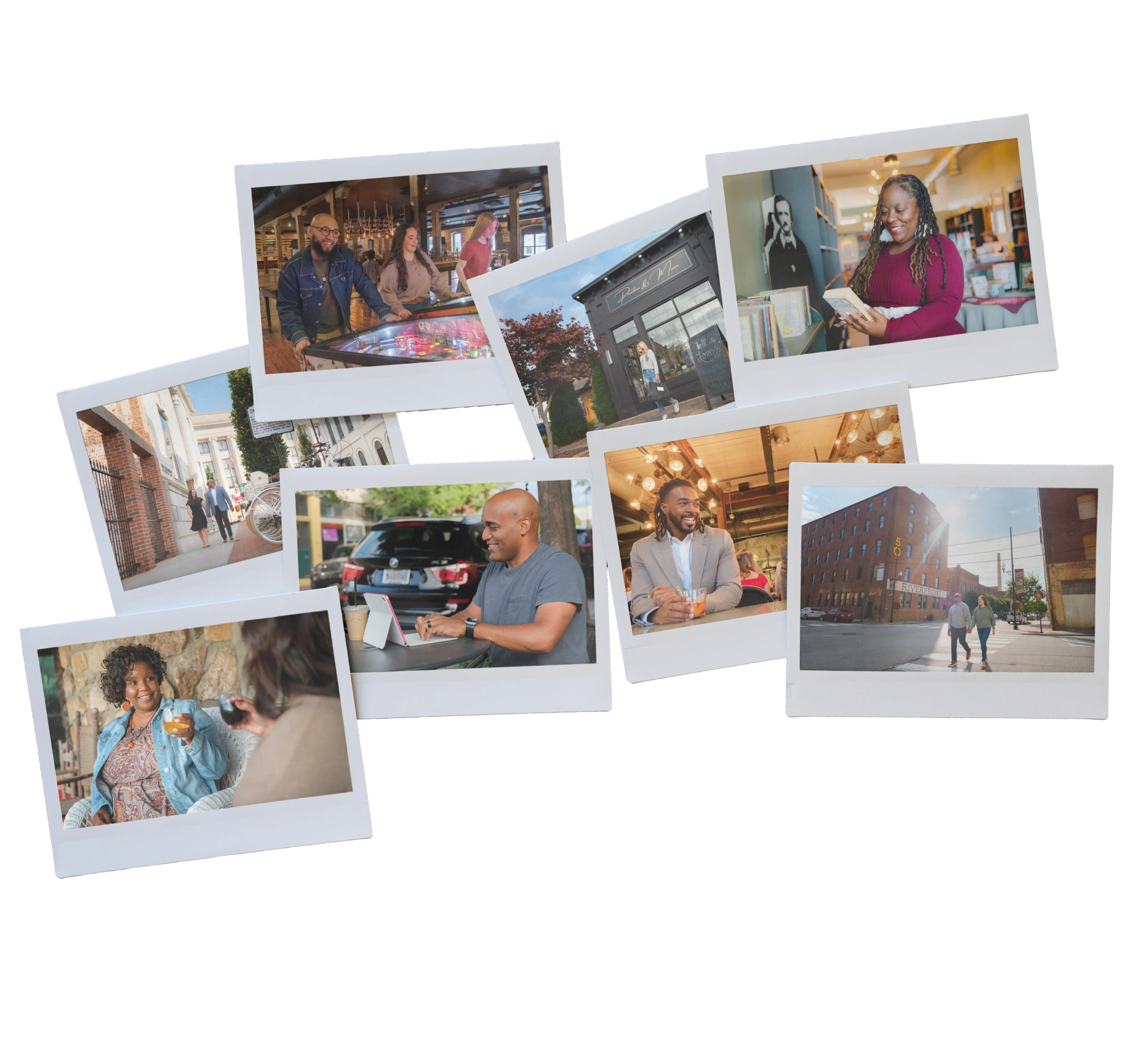 Collage of Polaroid photos showing diverse people enjoying urban life: dining, shopping, working outdoors, and exploring city streets in Danville, Virginia