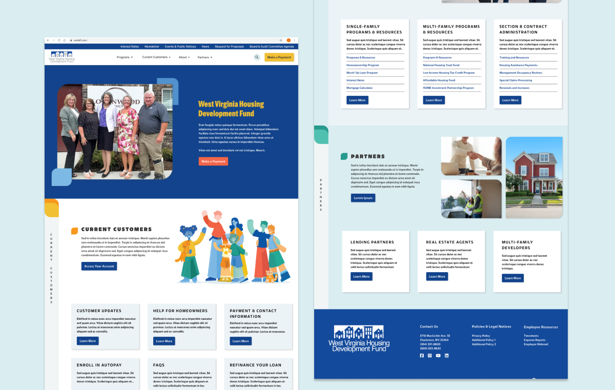 Website mockup for West Virginia Housing Development Fund featuring navigation, hero image with staff, and service sections.