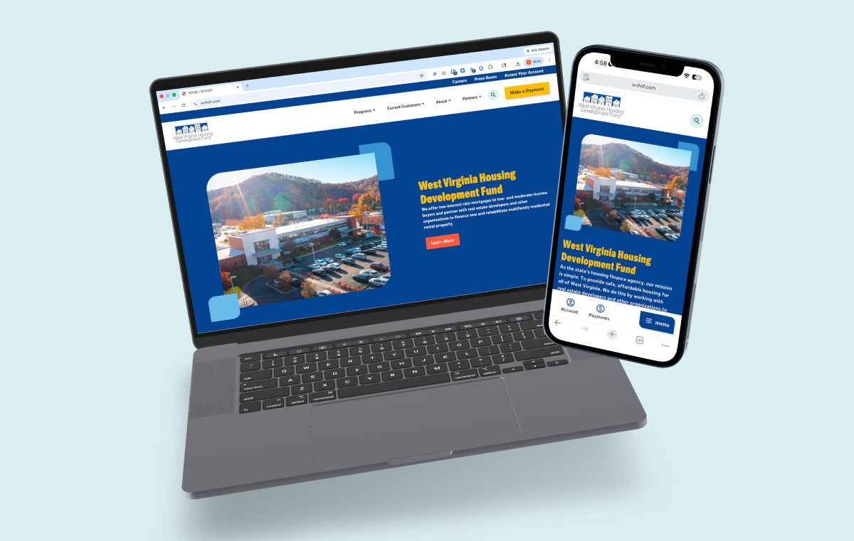 Laptop and smartphone displaying the West Virginia Housing Development Fund website (wvhdf.com) on a light blue background.