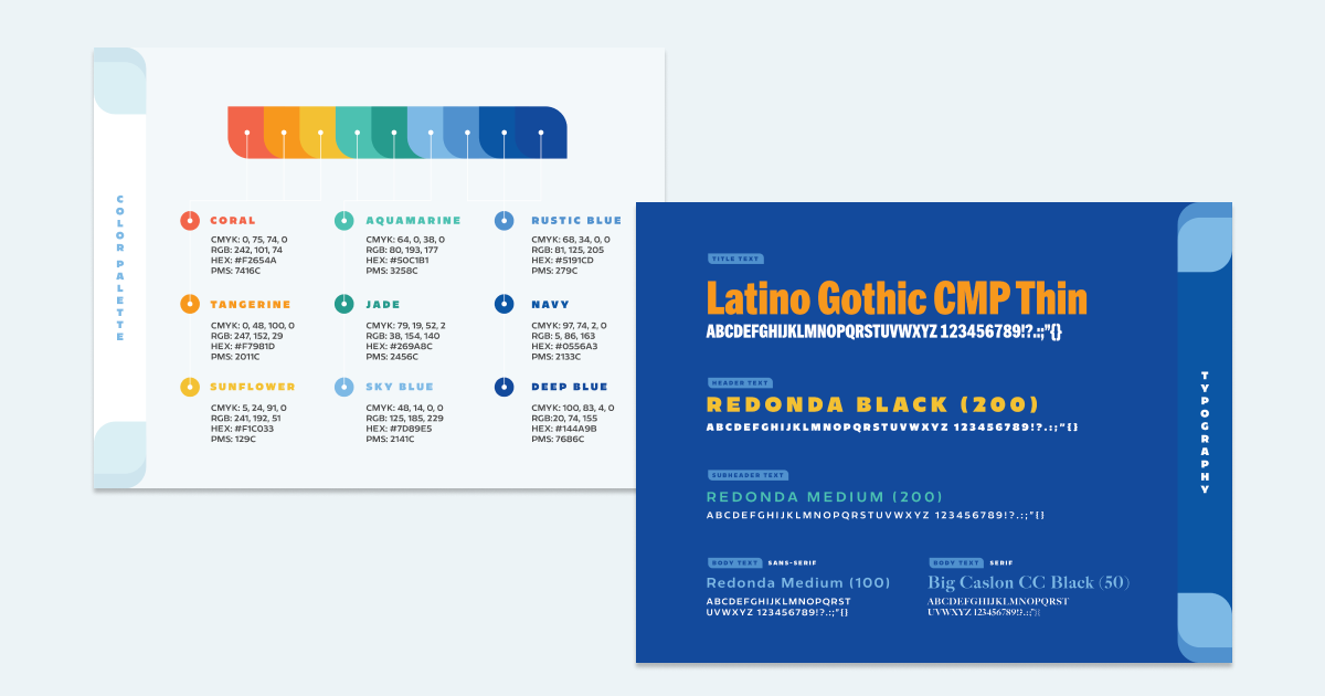 Typography specimen card showing "Latino Gothic CMP Thin" font with color swatches and text samples on blue background.