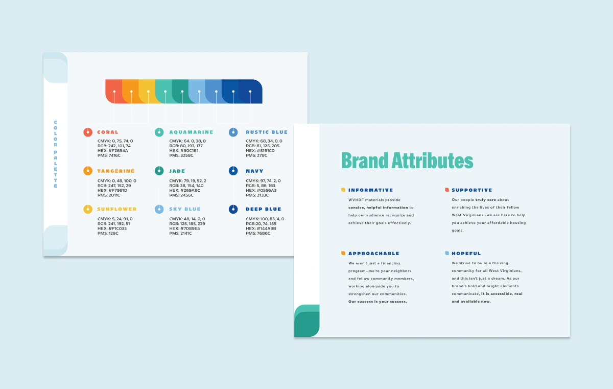 Two presentation slides showing brand color guidelines and a 