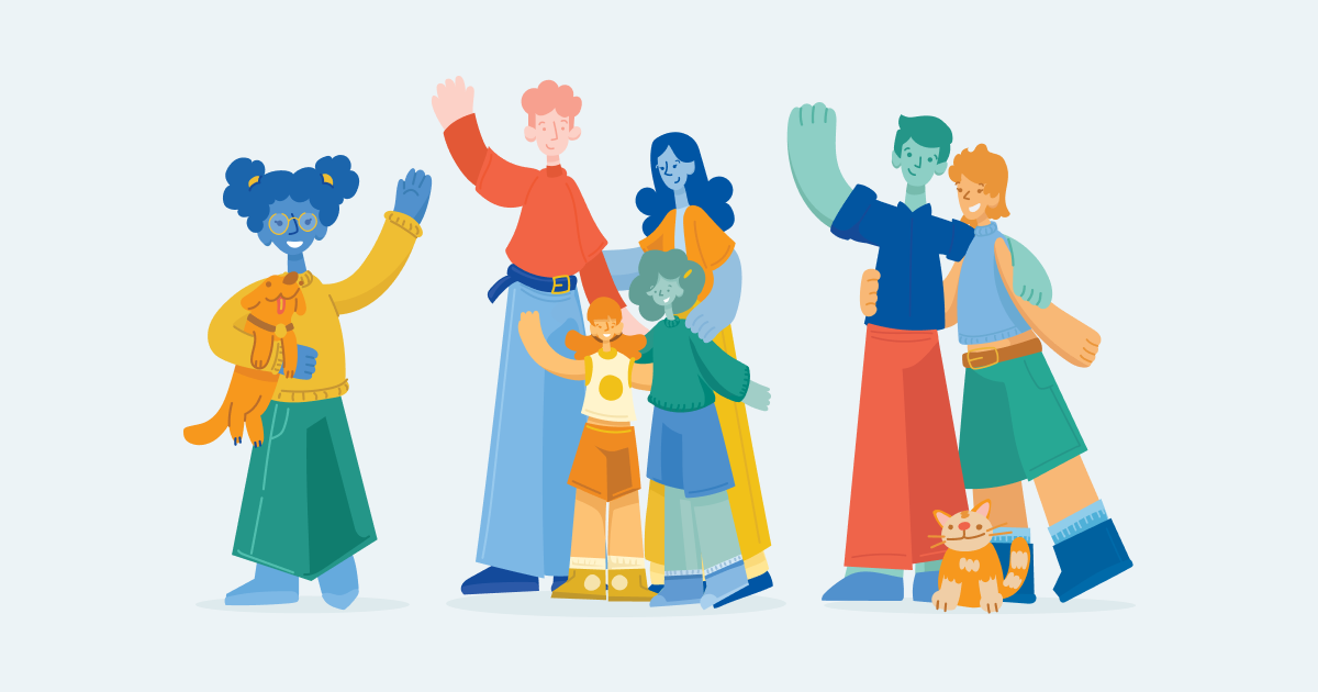 Colorful illustration of diverse people waving and embracing, including children and adults in vibrant clothing.