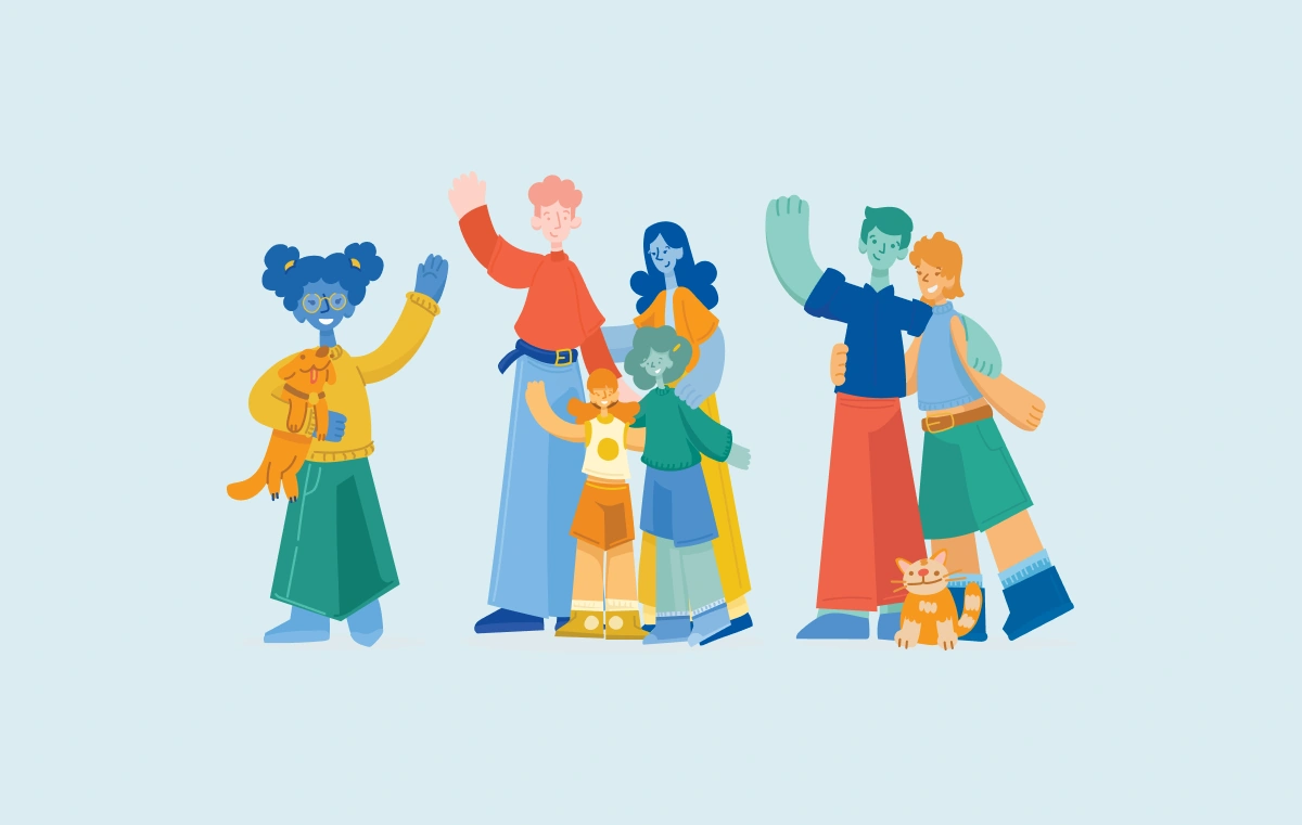 Colorful flat illustration of five diverse people standing together, waving and smiling in a friendly group.
