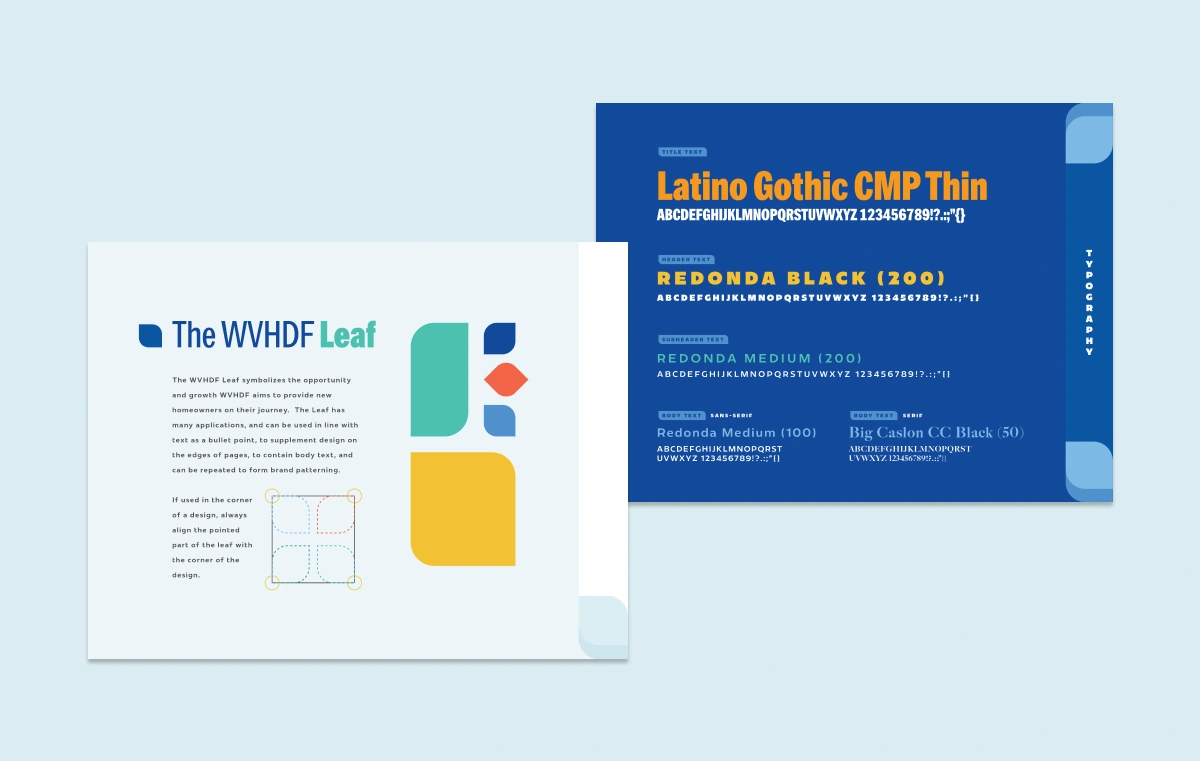 Two presentation slides showing brand typography and design elements with colorful geometric shapes and font specimens.