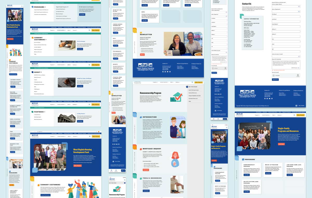 Website redesign mockups for West Virginia Housing Development Fund showing desktop and mobile layouts.