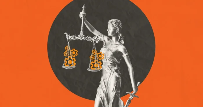 Lady Justice statue holding scales with orange gear/cog icons, on dark circle against orange background.
