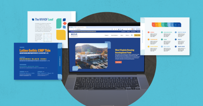 Laptop displaying a website, surrounded by colorful document and presentation mockups on a teal background.
