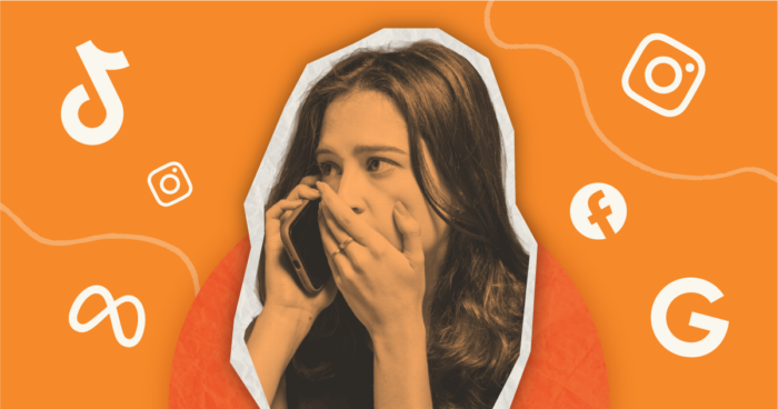 Woman covering mouth in shock, surrounded by social media icons (TikTok, Instagram, Facebook, Google) on orange background.