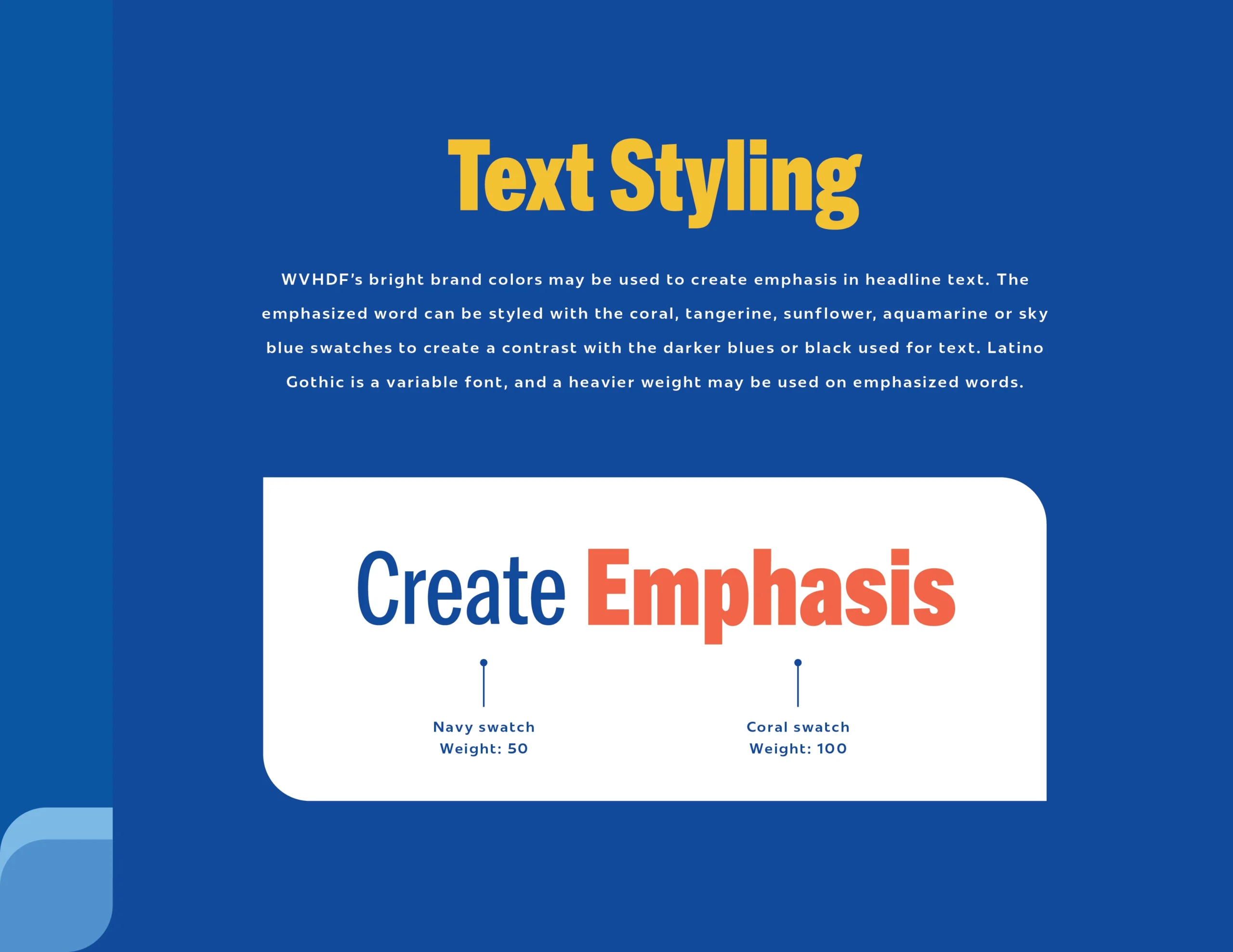 Slide showing text styling tips with "Create **Emphasis**" headline, demonstrating font weights and blue color contrast.
