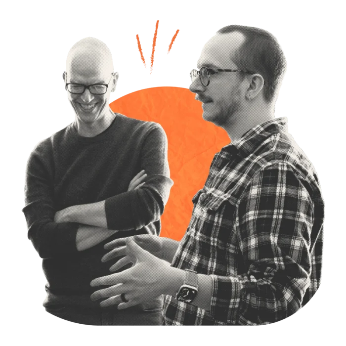 Two men in conversation, laughing and gesturing, with an orange graphic silhouette behind them.