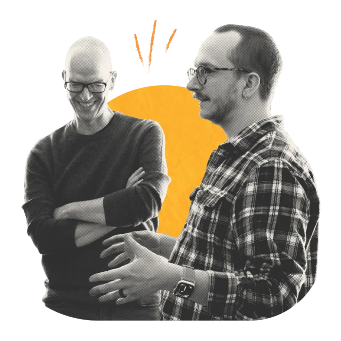 Two men in conversation, laughing and gesturing, with an orange graphic silhouette behind them.