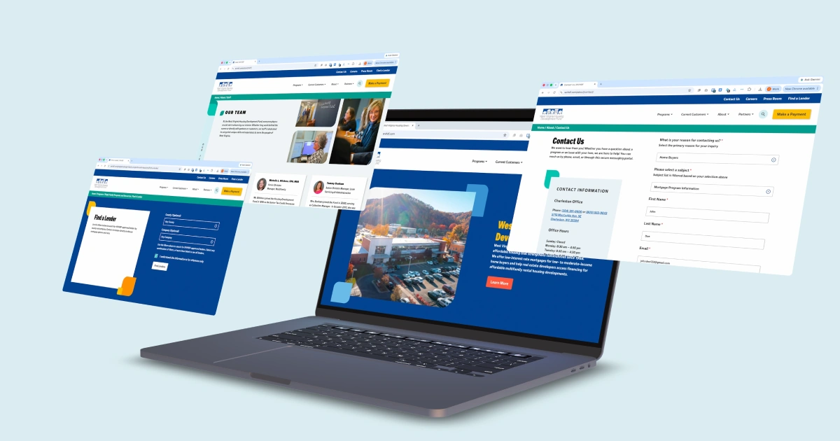 Laptop displaying multiple website/app screens floating around it against a light blue background.