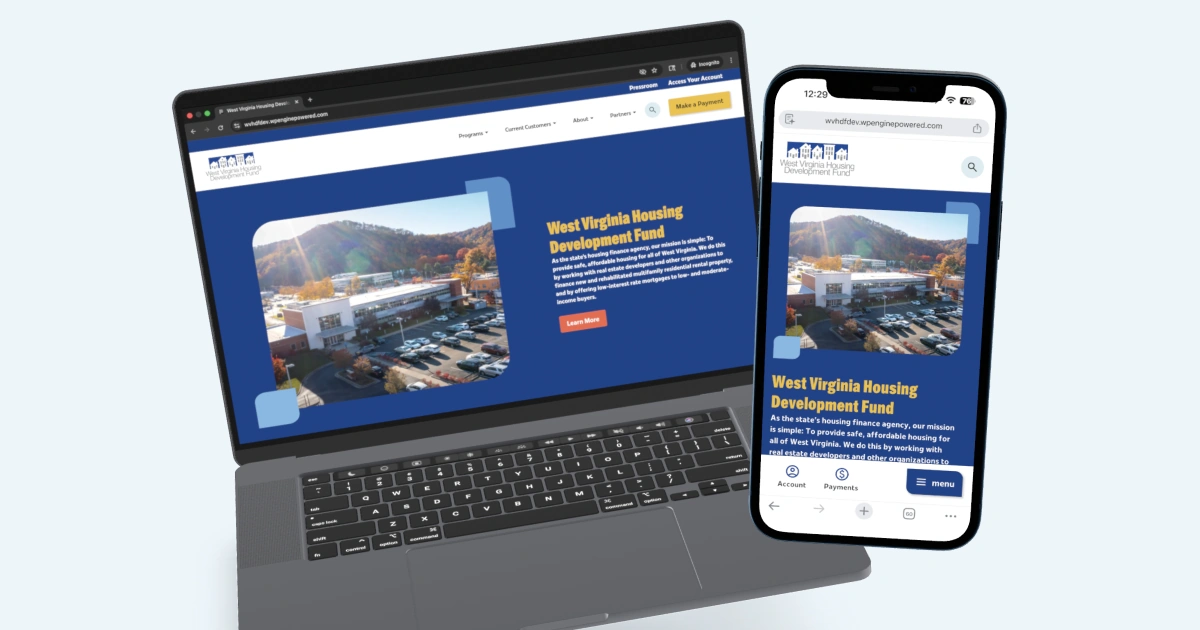 Laptop and smartphone displaying a blue website about West Virginia Rowing, shown against a white background.