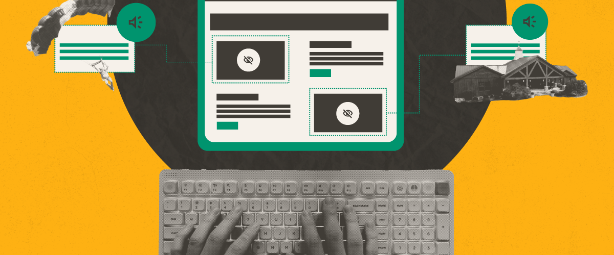 Hands typing below a browser window with hidden images, while screen-reader panels on each side reveal the concealed pictures.