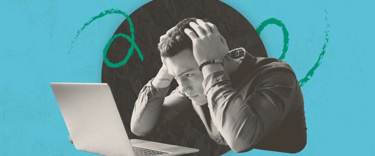 A stressed man holding his head while looking at a laptop, set against a teal background with green squiggles.
