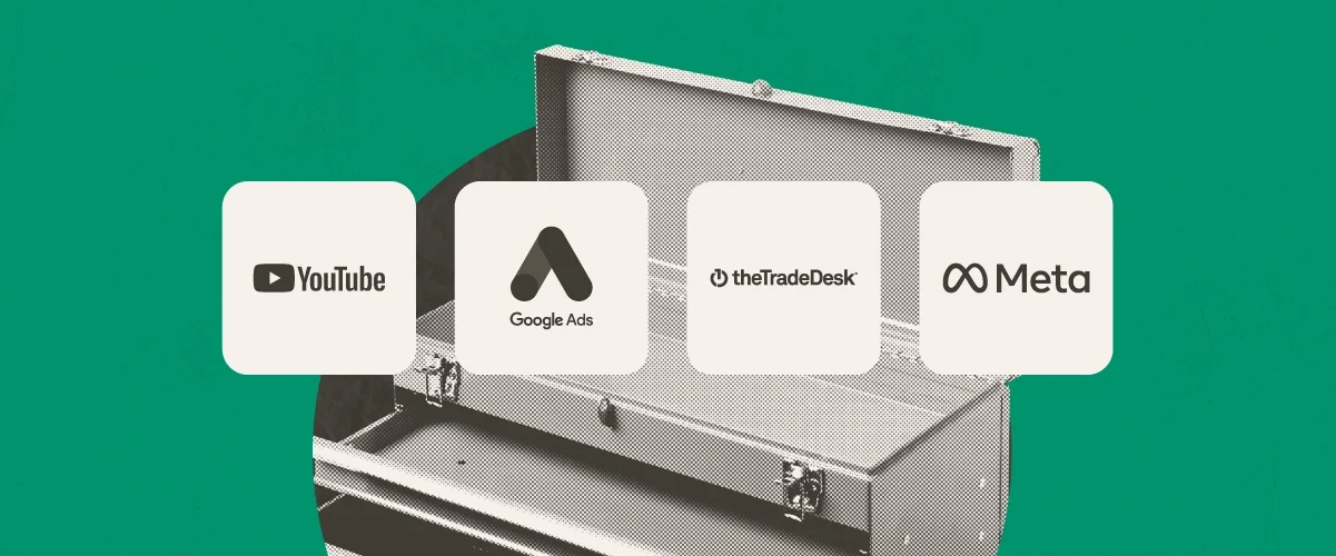 Open toolbox on a green background with logos for YouTube, Google Ads, The Trade Desk and Meta lined up over it