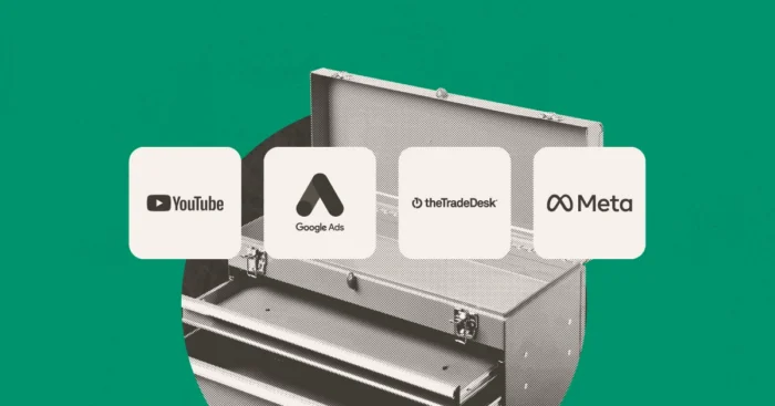 Open toolbox on a green background with logos for YouTube, Google Ads, The Trade Desk and Meta lined up over it