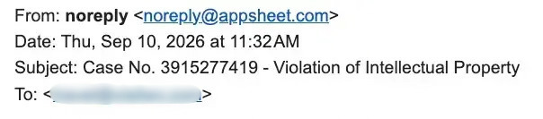 Email notification about "Case No. 3915277419 - Violation of Intellectual Property" from noreply@apsheet.com.