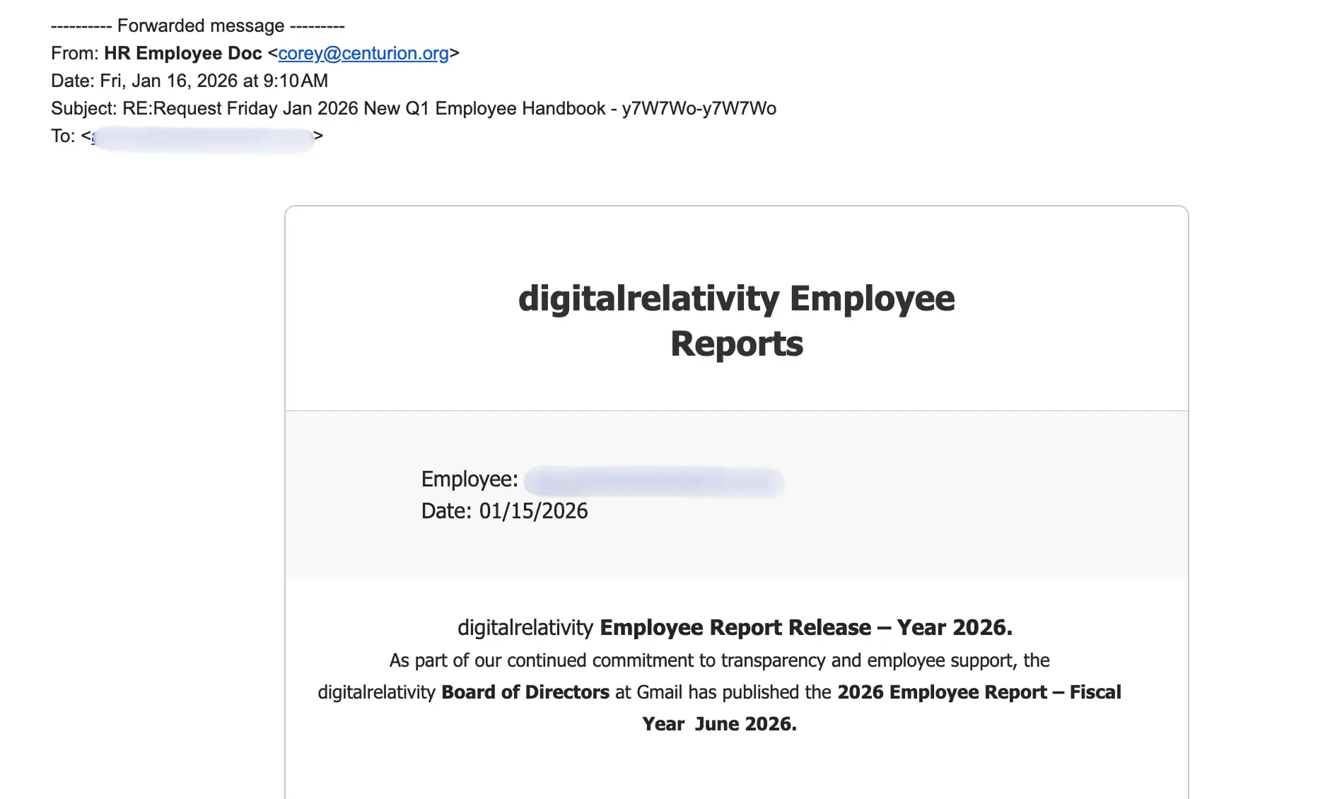 Email with attached "digitalrelativity Employee Reports" document dated 01/31/2026, showing a formal report release notice.
