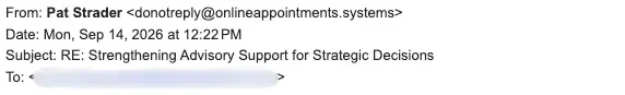 Email header showing sender Pat Strader, dated Sep 14, 2026, subject: Strengthening Advisory Tools for Strategic Decisions.