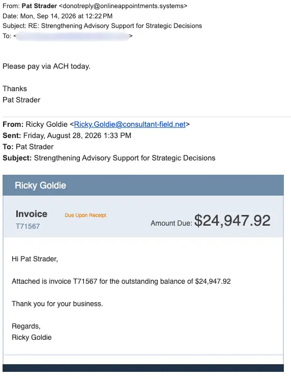 Email chain showing an invoice for ,947.92 from Ricky Goldie to Pat Strader, with ACH payment request.