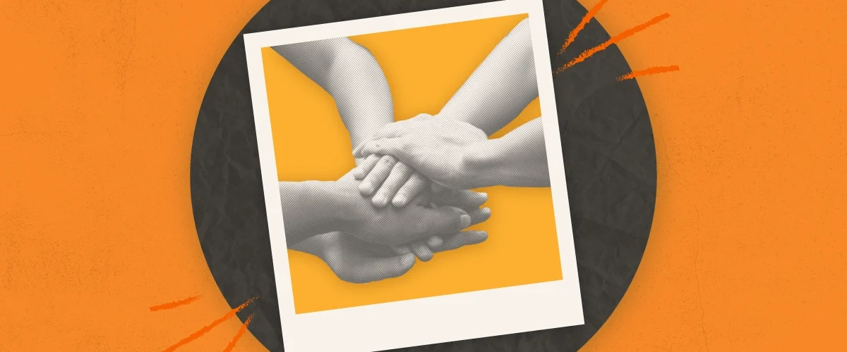 A halftone photograph of multiple hands stacked on top of one another in a Polaroid frame and set against an orange background.