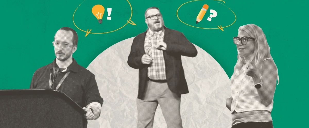 Justin Ferrell, Pat Strader and Abbey Reifsnyder, shown in halftone, speaking at conferences, with speech bubbles containing a lightbulb and a pencil above them.