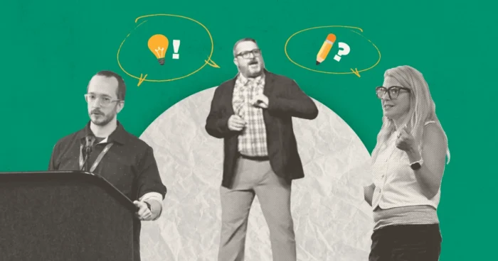 Justin Ferrell, Pat Strader and Abbey Reifsnyder, shown in halftone, speaking at conferences, with speech bubbles containing a lightbulb and a pencil above them.