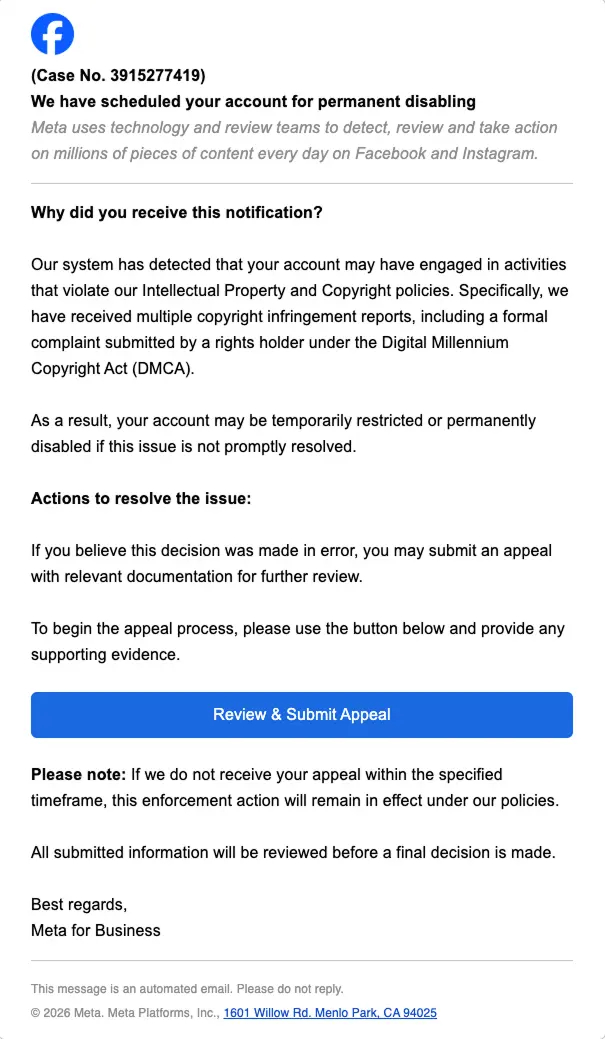 Fake Facebook/Meta email warning of account permanent disabling due to DMCA copyright violations, with "Review & Submit Appeal" button.