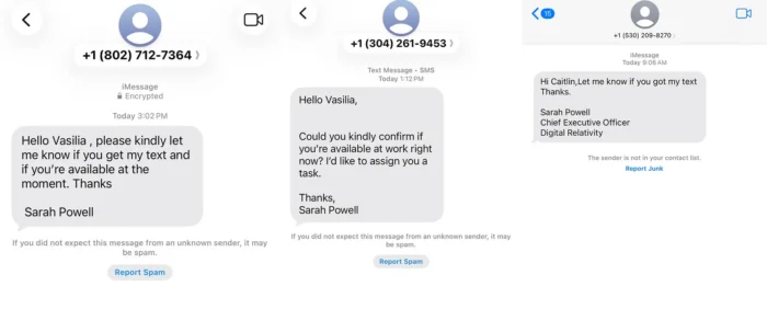 Three smartphone text message conversations shown side by side, displaying SMS exchanges with contact names and phone numbers visible.