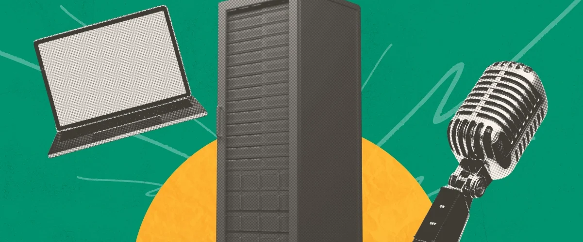 Laptop, server rack and vintage microphone in a halftone style on a green and yellow background.