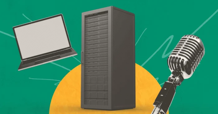 Laptop, server rack and vintage microphone in a halftone style on a green and yellow background.